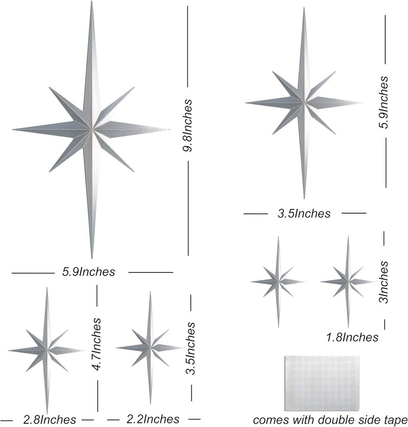 Stylor Mid Century Modern Decor, Mcm Retro 3D Star Art Wall Sculpture, Plastic Starburst Decor, Vintage Celestial Whimsigoth Home Decor Accent. (Set of 6, Silver) - Image 2